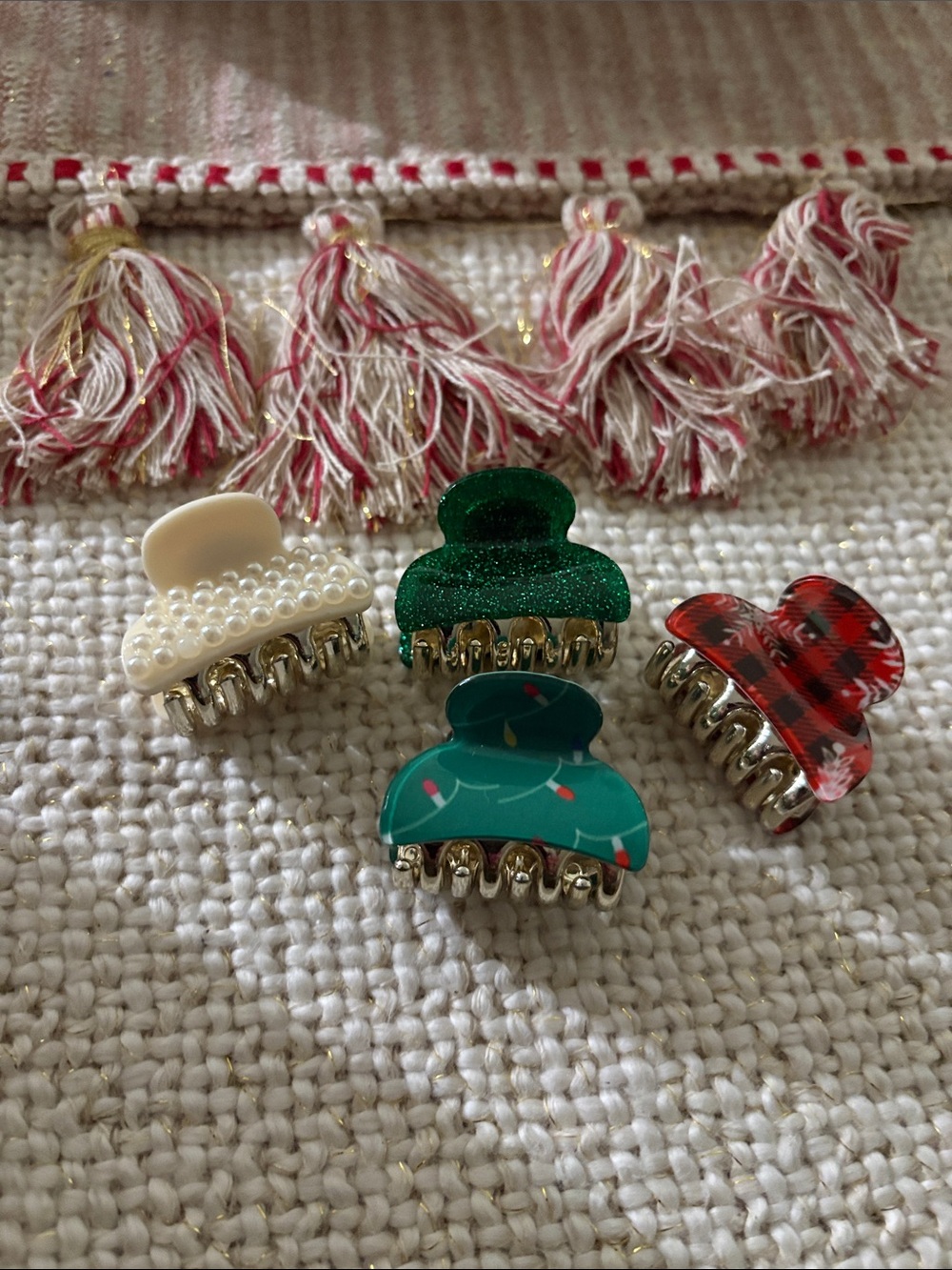 Holiday Mini Hair Claw Clip Set - Pearl, Green Glitter, Teal Print, Red Plaid